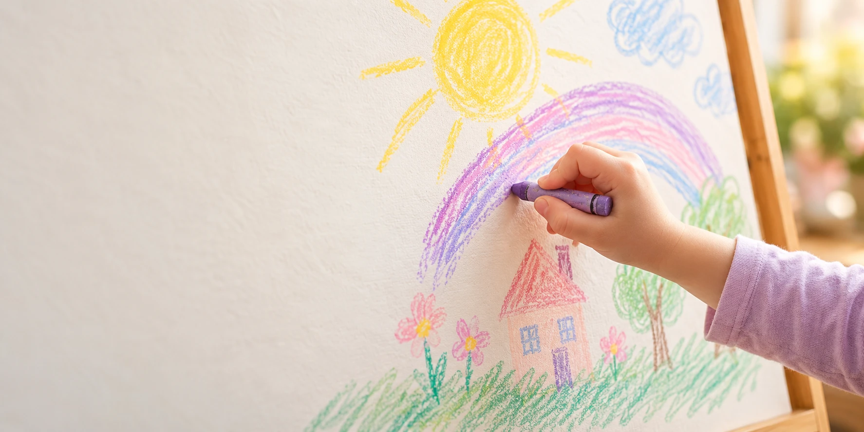 A child’s hand drawing a rainbow, sun and house in crayon on an easel