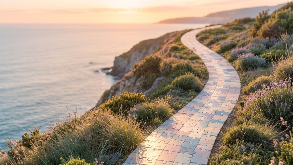 A winding path of pastel puzzle pieces